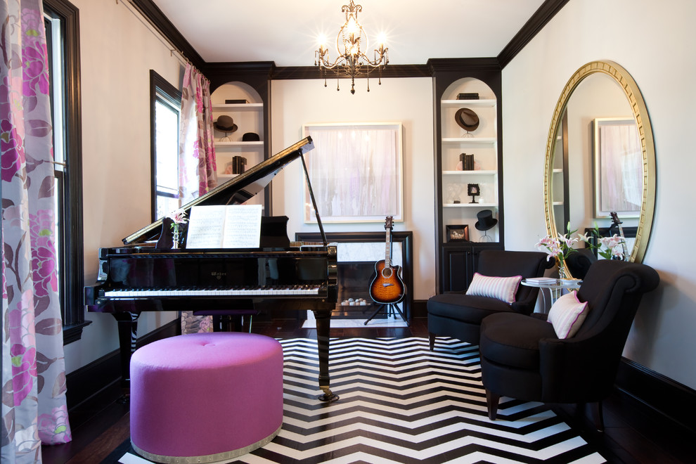 Mid-sized eclectic enclosed black floor and dark wood floor living room photo in Baltimore with a music area, white walls, a standard fireplace and no tv