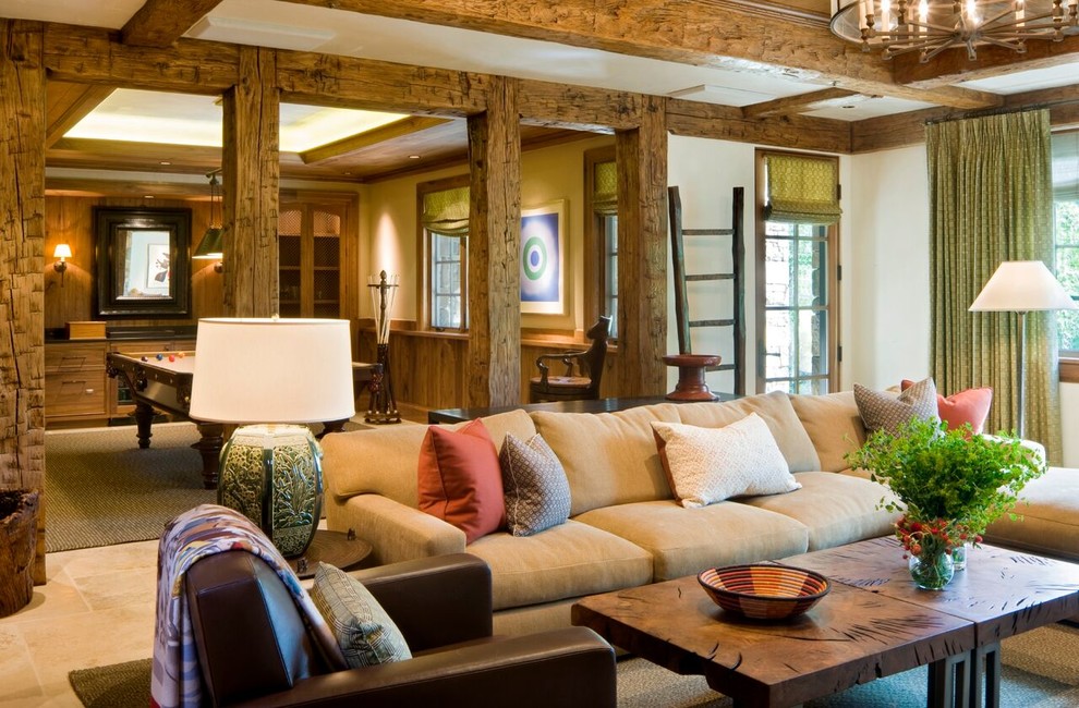 Living room - large craftsman formal and open concept medium tone wood floor and beige floor living room idea in Denver with white walls, a standard fireplace, a stone fireplace and no tv