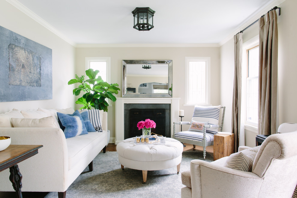 Beach style living room curtain in Chicago with beige walls, a standard fireplace and no tv.