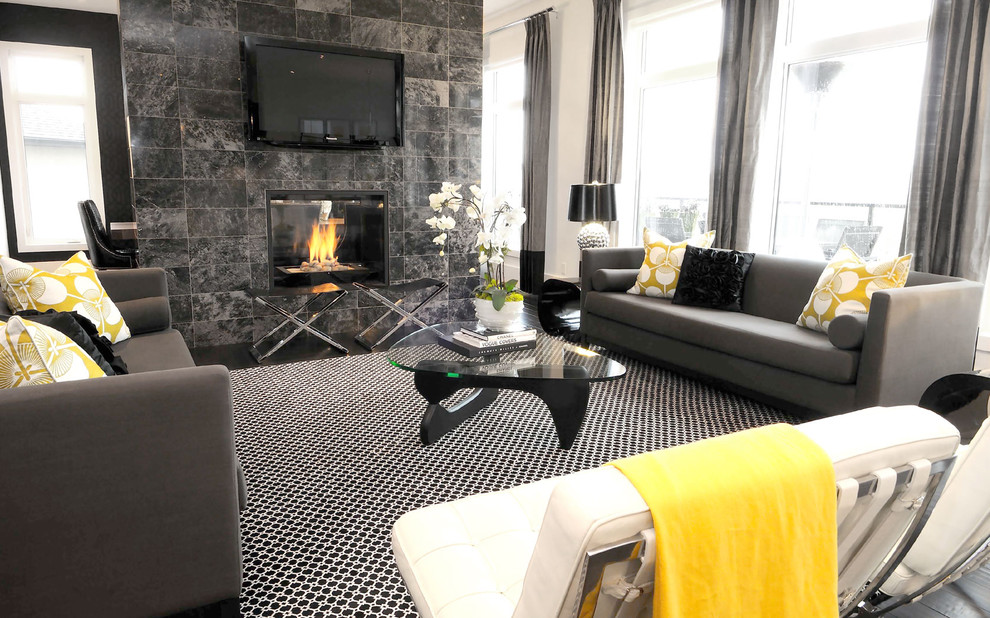Living room - contemporary living room idea in Other with a stone fireplace