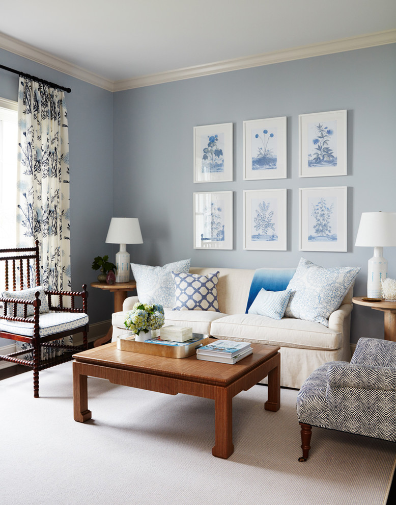 Living room - large coastal enclosed dark wood floor and brown floor living room idea in Jacksonville with blue walls