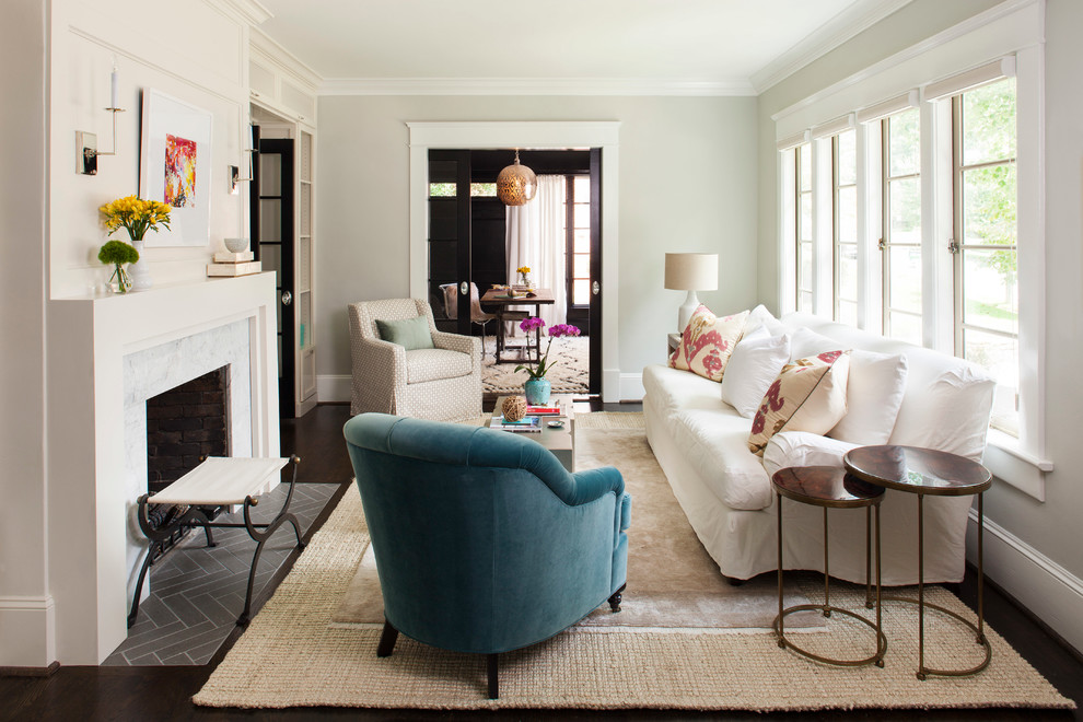 Small transitional formal and enclosed dark wood floor living room photo in Atlanta with gray walls, a standard fireplace and a stone fireplace