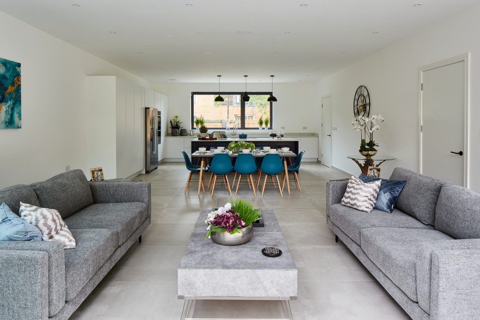 Ispirazione per un soggiorno minimalista con pavimento in gres porcellanato e pavimento grigio