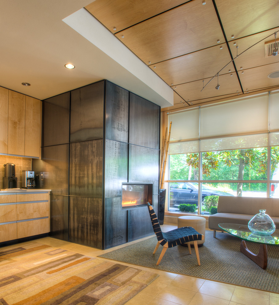 Modernes Wohnzimmer mit Gaskamin und Kaminumrandung aus Metall in Seattle