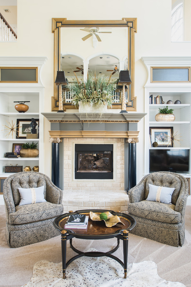 Inspiration for a medium sized classic open plan living room in Nashville with white walls, a standard fireplace, a tiled fireplace surround, carpet and beige floors.