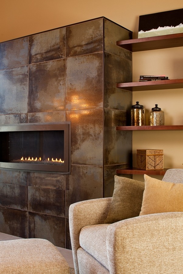 Idées déco pour un salon contemporain avec un manteau de cheminée en métal.