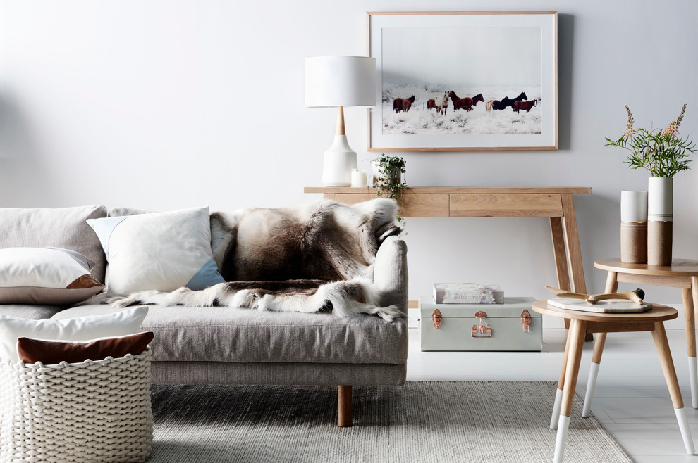 Cette photo montre un salon scandinave avec un mur blanc, aucune cheminée et éclairage.