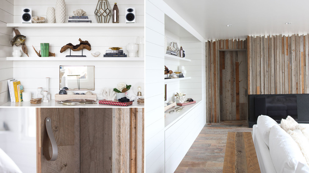 Inspiration för ett mellanstort vintage separat vardagsrum, med vita väggar, ljust trägolv, en inbyggd mediavägg, en bred öppen spis och en spiselkrans i trä