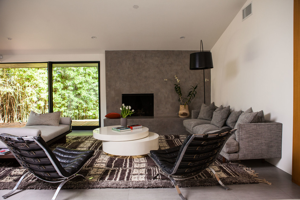 Esempio di un soggiorno minimal con sala formale, pareti bianche, pavimento in cemento, camino classico, cornice del camino in pietra e pavimento grigio