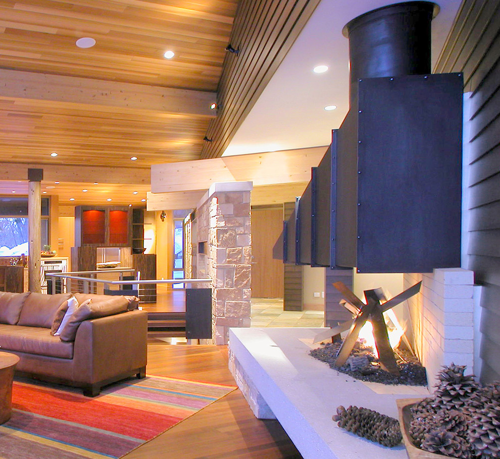 Large modern open plan living room in Other with a two-sided fireplace, a metal fireplace surround, brown walls and dark hardwood flooring.