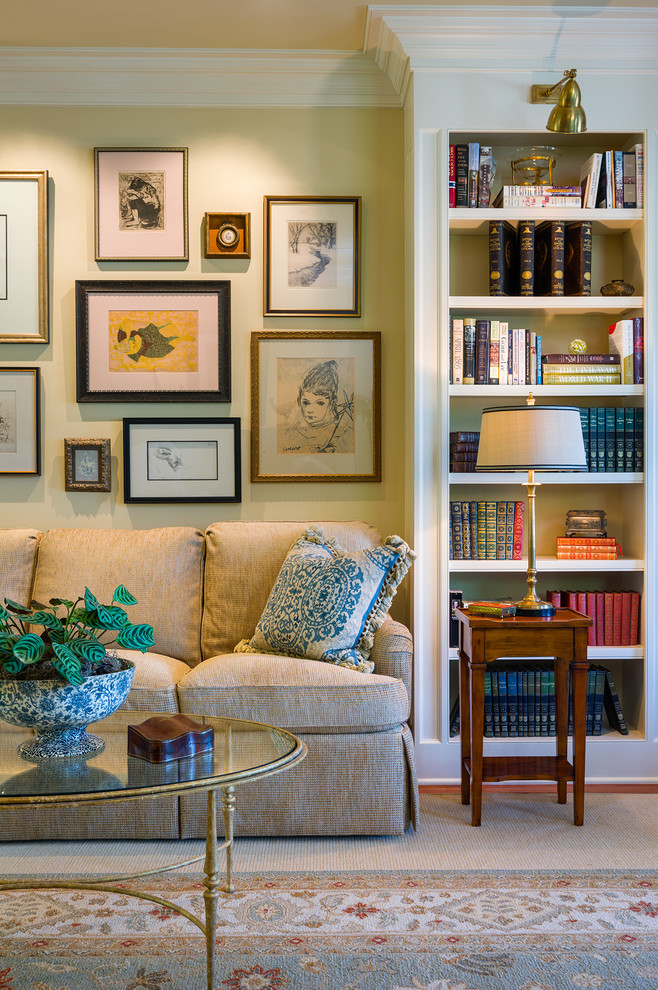 Inspiration for a timeless carpeted living room remodel in New York with yellow walls