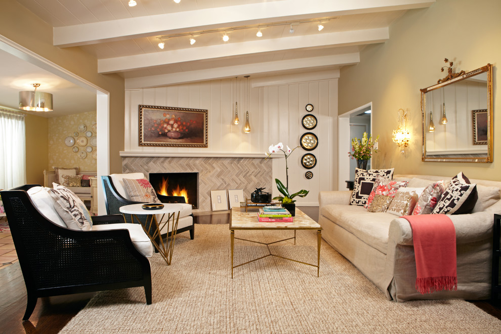 Example of a mid-sized classic formal and enclosed dark wood floor living room design in Los Angeles with beige walls, a standard fireplace, a tile fireplace and no tv