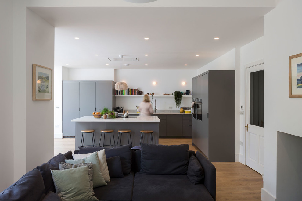 Mittelgroßes, Repräsentatives, Offenes Modernes Wohnzimmer mit grauer Wandfarbe, hellem Holzboden, Kamin und braunem Boden in London