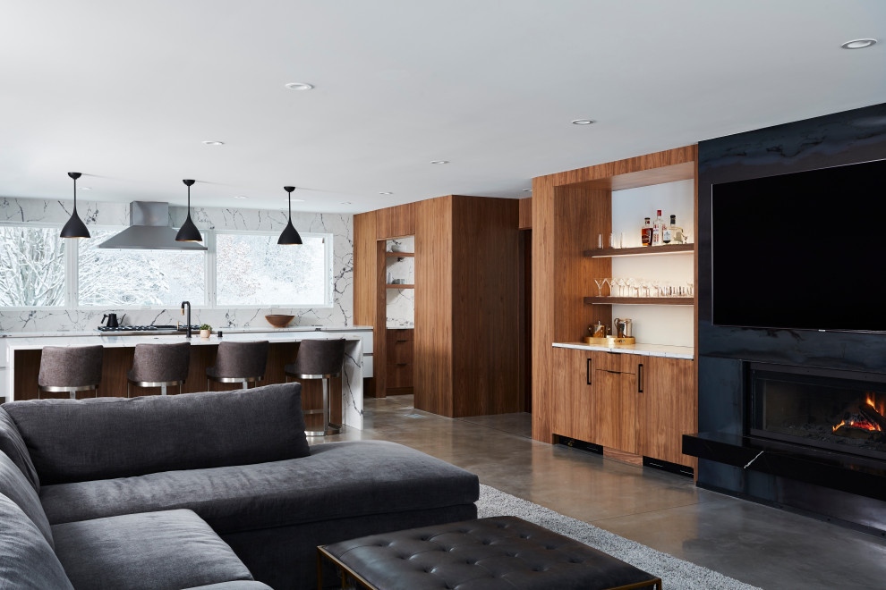 Cette image montre un grand salon minimaliste ouvert avec un mur marron, sol en béton ciré, une cheminée standard, un téléviseur fixé au mur, un sol gris et du lambris.