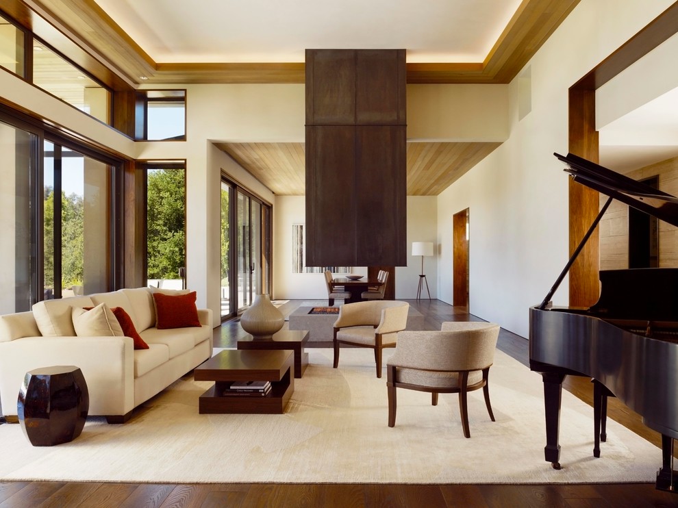 Foto di un soggiorno moderno aperto con sala della musica, pareti beige, pavimento in legno massello medio, camino bifacciale e tappeto