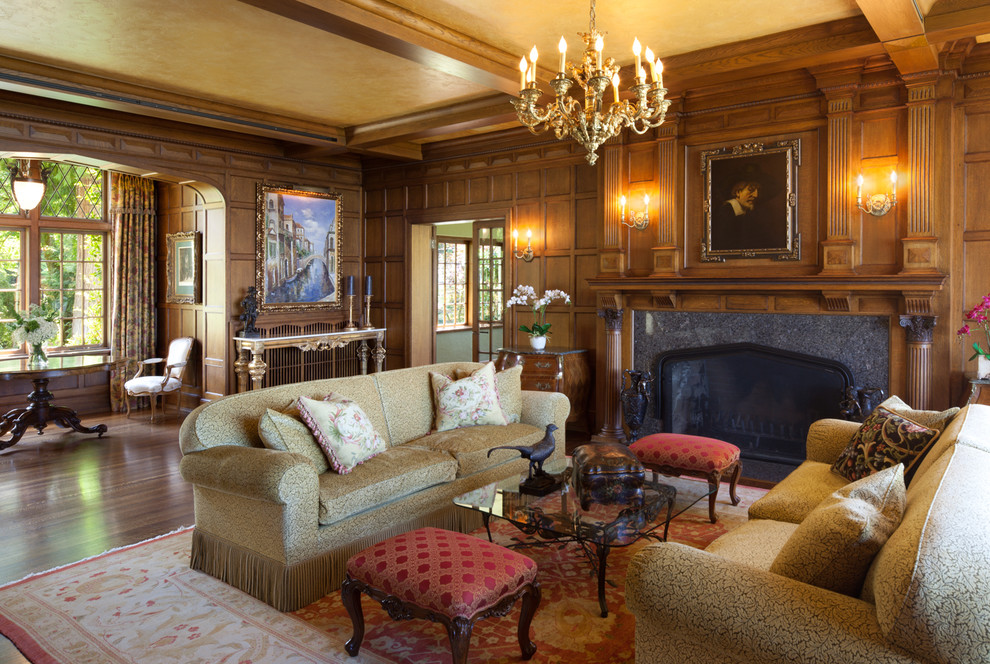 Huge elegant formal dark wood floor living room photo in Seattle with brown walls and a standard fireplace