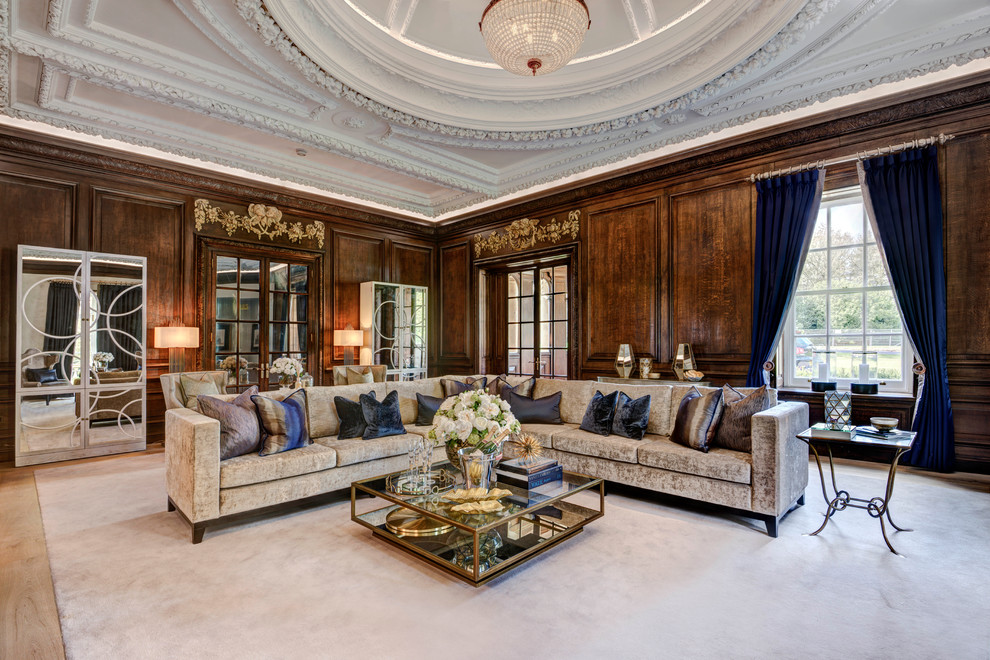 Inspiration for an expansive traditional formal enclosed living room in Berkshire with brown walls.