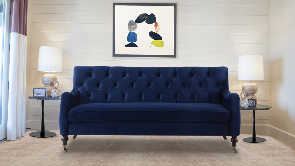 Xander Tufted Sofa, Navy Blue Contemporary Living Room Orange