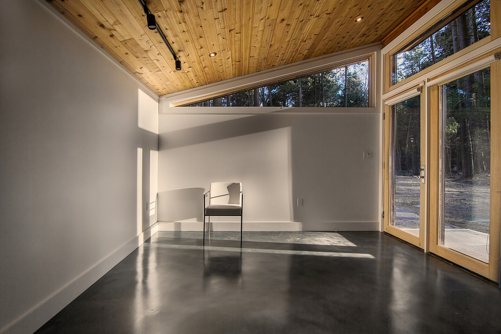 Immagine di un soggiorno tradizionale con pareti bianche, pavimento in cemento e nessuna TV