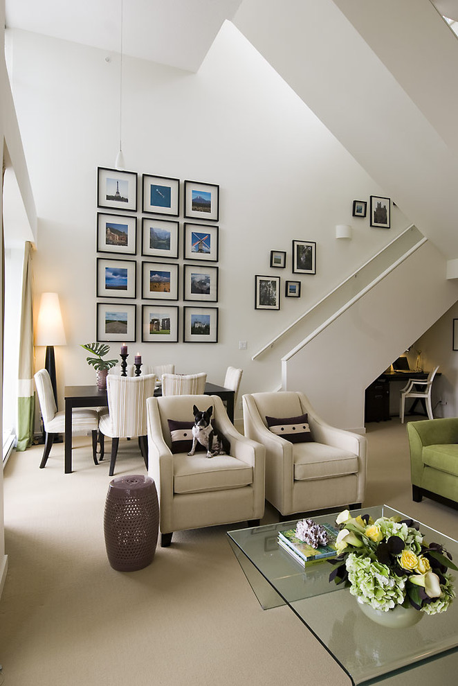 Living room - contemporary open concept living room idea in Vancouver with white walls