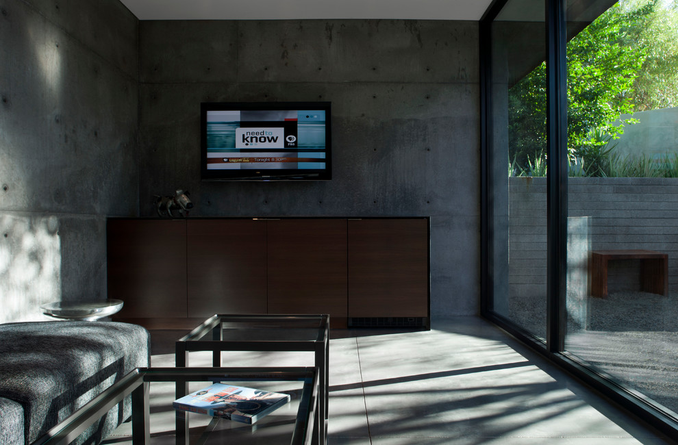 Идея дизайна: гостиная комната среднего размера в стиле модернизм с коричневыми стенами, бетонным полом и телевизором на стене