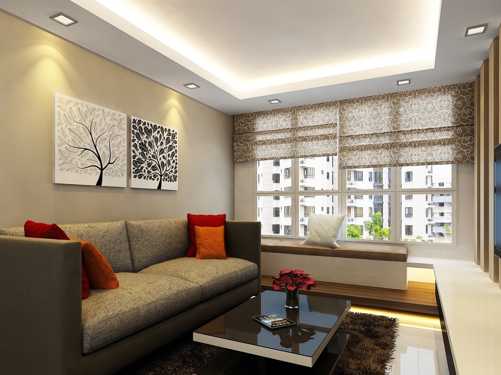 Mittelgroßes, Abgetrenntes Modernes Wohnzimmer mit Porzellan-Bodenfliesen und Multimediawand in Singapur