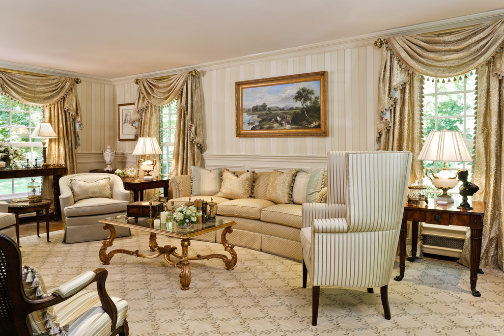 Example of a large classic formal and enclosed carpeted living room design in New York with beige walls and no tv