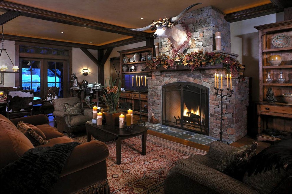 Southwest living room photo in Salt Lake City with a standard fireplace and a stone fireplace