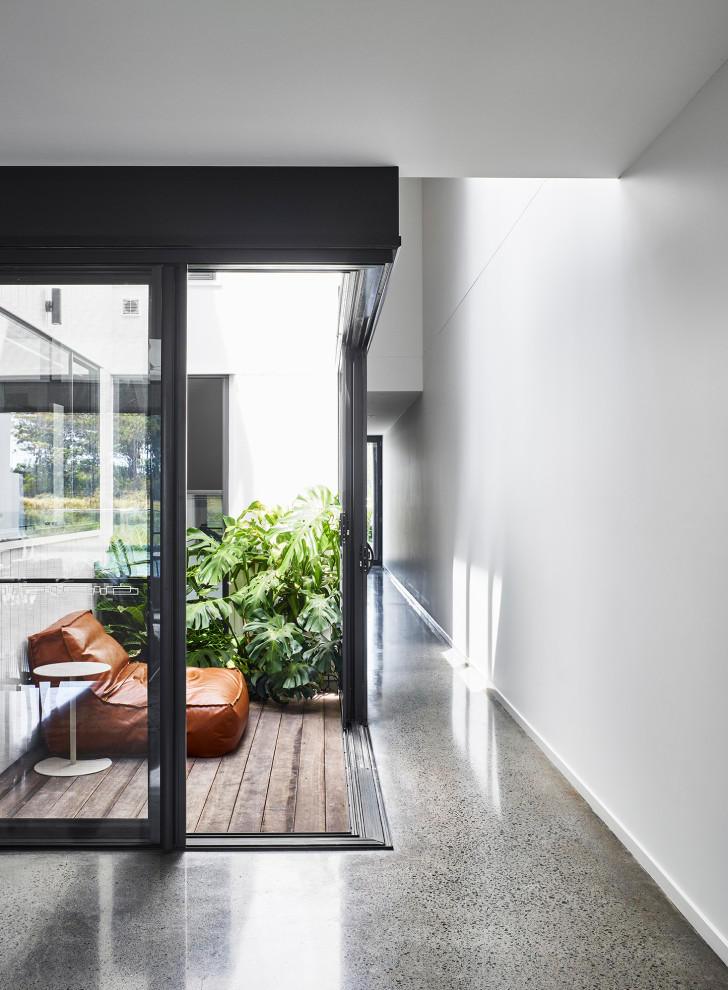 Kleines, Offenes Modernes Wohnzimmer mit weißer Wandfarbe, Betonboden und grauem Boden in Sunshine Coast