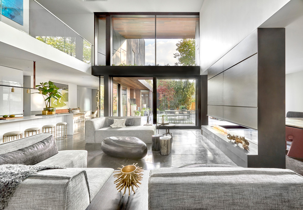 Inspiration for a large contemporary enclosed living room in Chicago with concrete flooring, white walls, a two-sided fireplace, grey floors and a concealed tv.