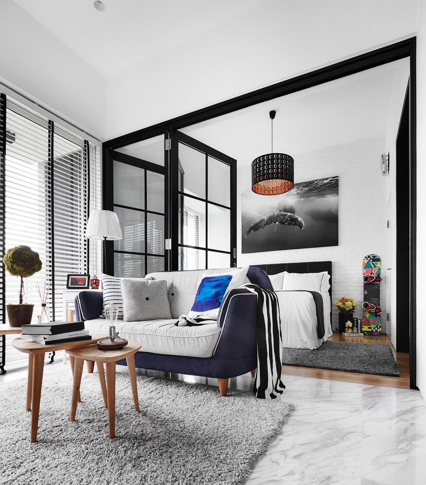 Свежая идея для дизайна: гостиная комната в стиле модернизм - отличное фото интерьера