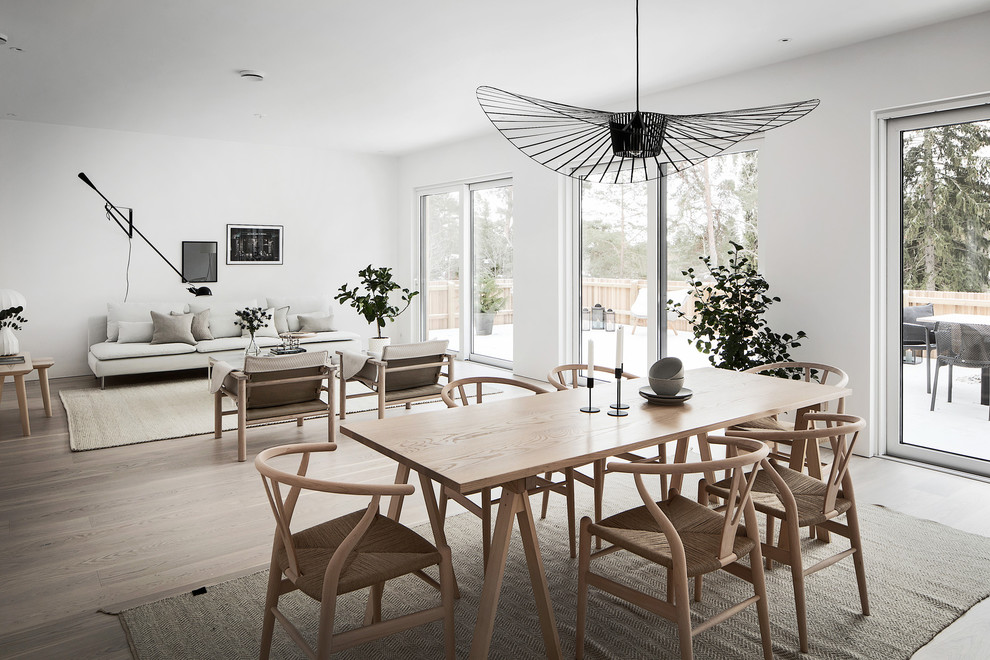 Design ideas for a scandi open plan dining room in Stockholm with white walls and light hardwood flooring.