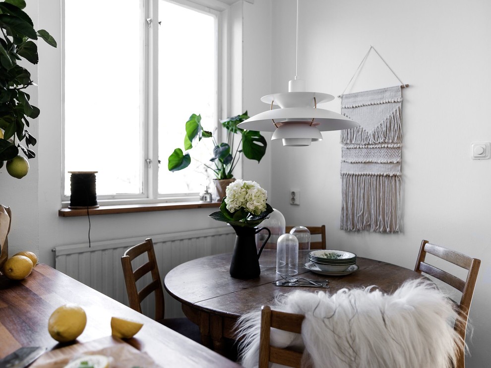 Immagine di una sala da pranzo scandinava di medie dimensioni con pareti bianche
