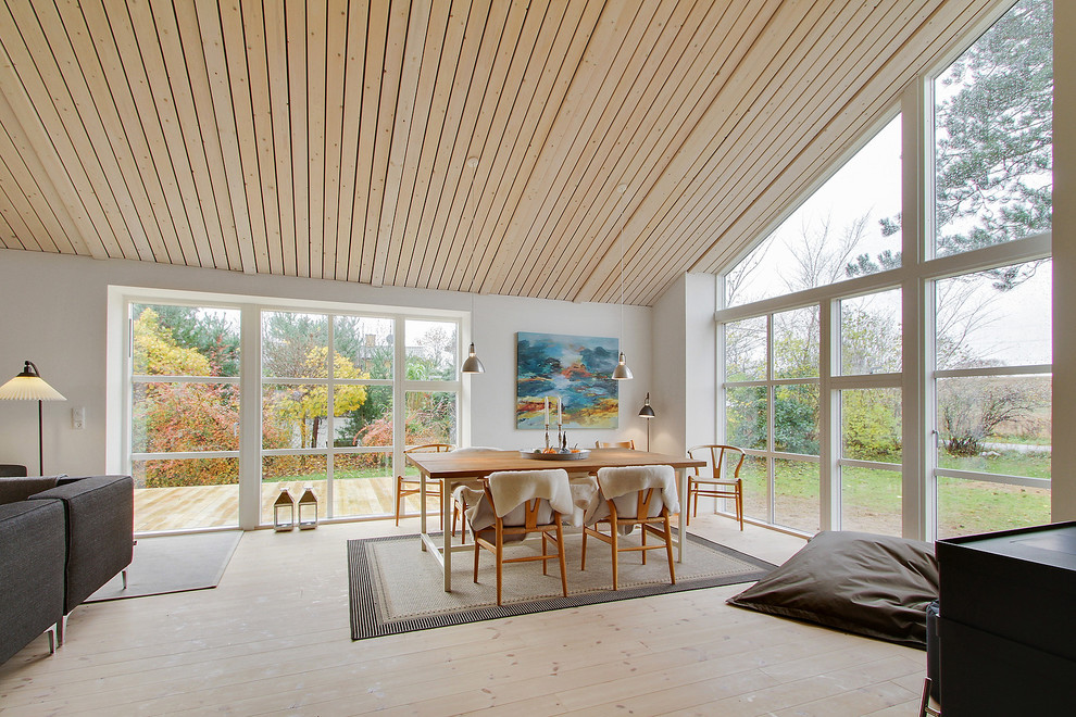 Источник вдохновения для домашнего уюта: большая отдельная столовая в скандинавском стиле с белыми стенами и светлым паркетным полом без камина