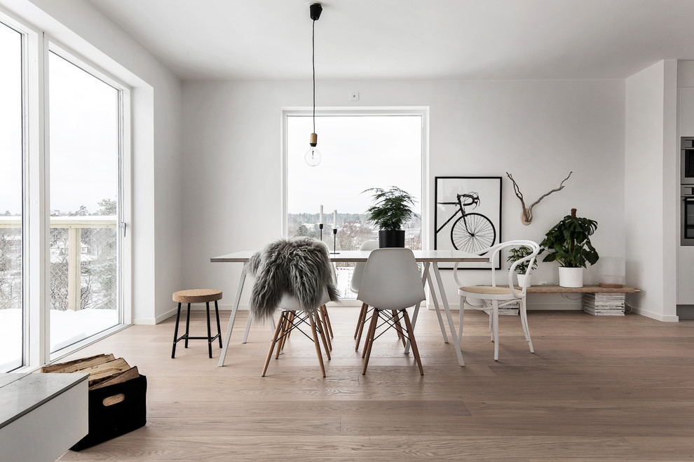 Modelo de comedor escandinavo de tamaño medio sin chimenea con paredes blancas y suelo de madera clara