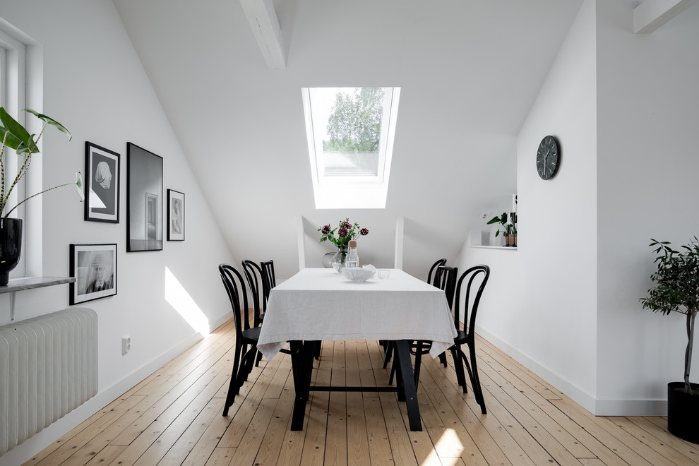 Mittelgroßes, Geschlossenes Skandinavisches Esszimmer ohne Kamin mit weißer Wandfarbe, hellem Holzboden und beigem Boden in Göteborg