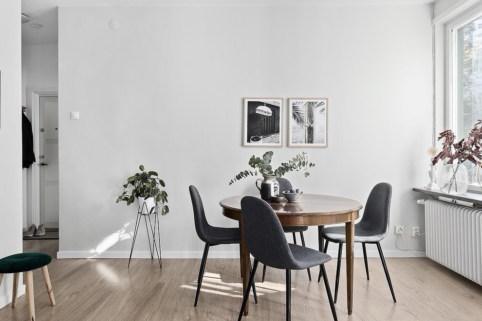 Свежая идея для дизайна: столовая среднего размера в скандинавском стиле с серыми стенами, паркетным полом среднего тона и коричневым полом - отличное фото интерьера