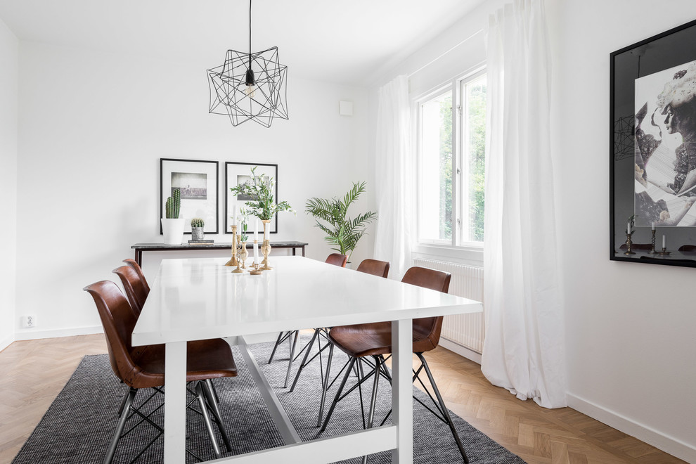 Design ideas for a medium sized scandinavian enclosed dining room in Gothenburg with white walls and light hardwood flooring.