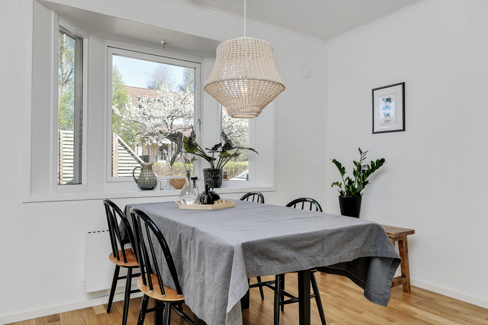 Example of a danish light wood floor dining room design in Other with white walls and no fireplace