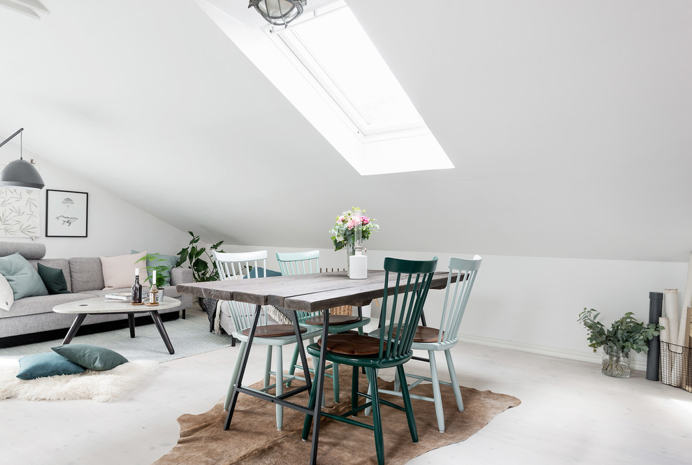This is an example of a medium sized scandinavian open plan dining room in Gothenburg with white walls and light hardwood flooring.