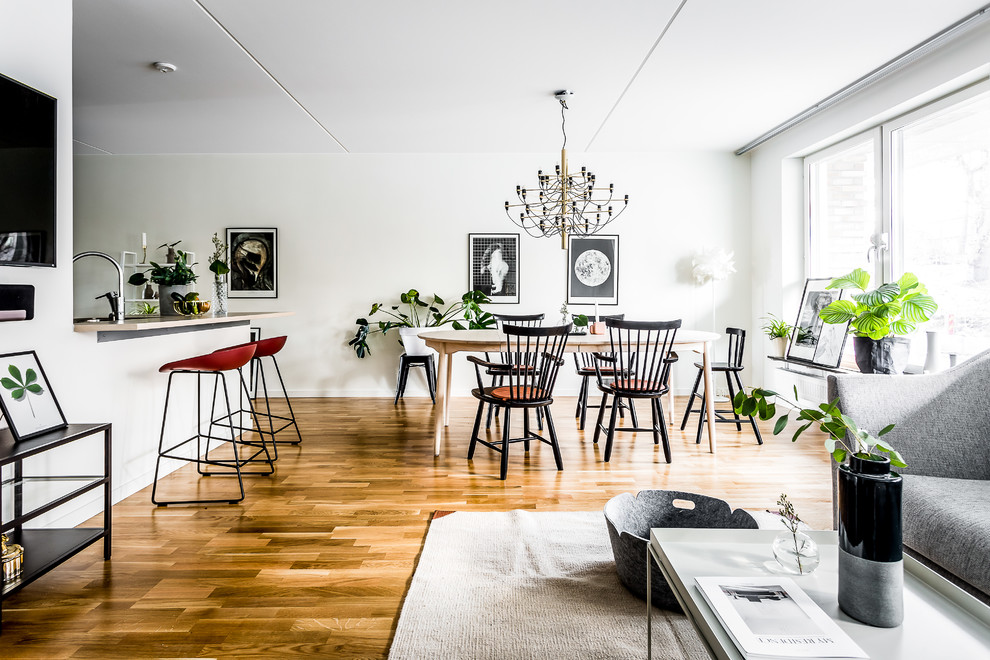 Idee per una sala da pranzo nordica con pareti bianche e pavimento in legno massello medio