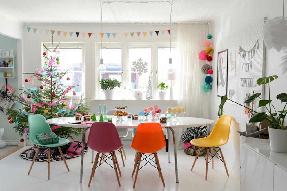 Mid-sized danish dining room photo in Gothenburg with white walls