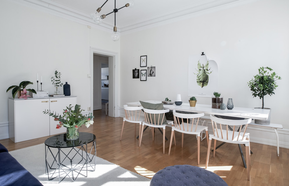 Diseño de comedor escandinavo de tamaño medio abierto con paredes blancas y suelo de madera en tonos medios