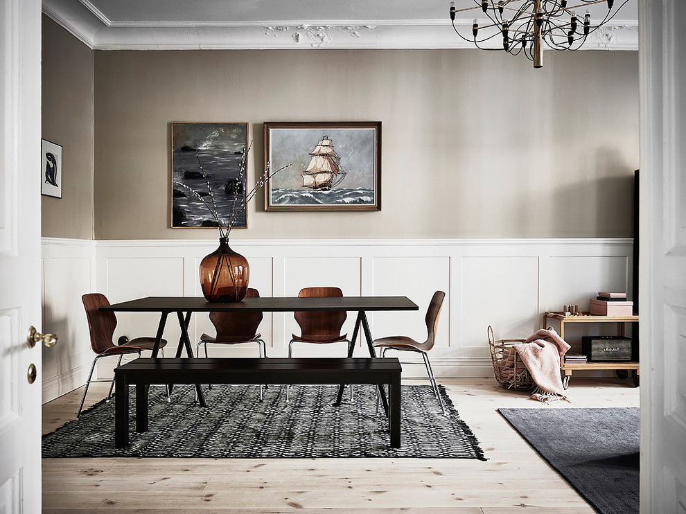 Design ideas for a medium sized classic dining room in Gothenburg with grey walls, light hardwood flooring and beige floors.