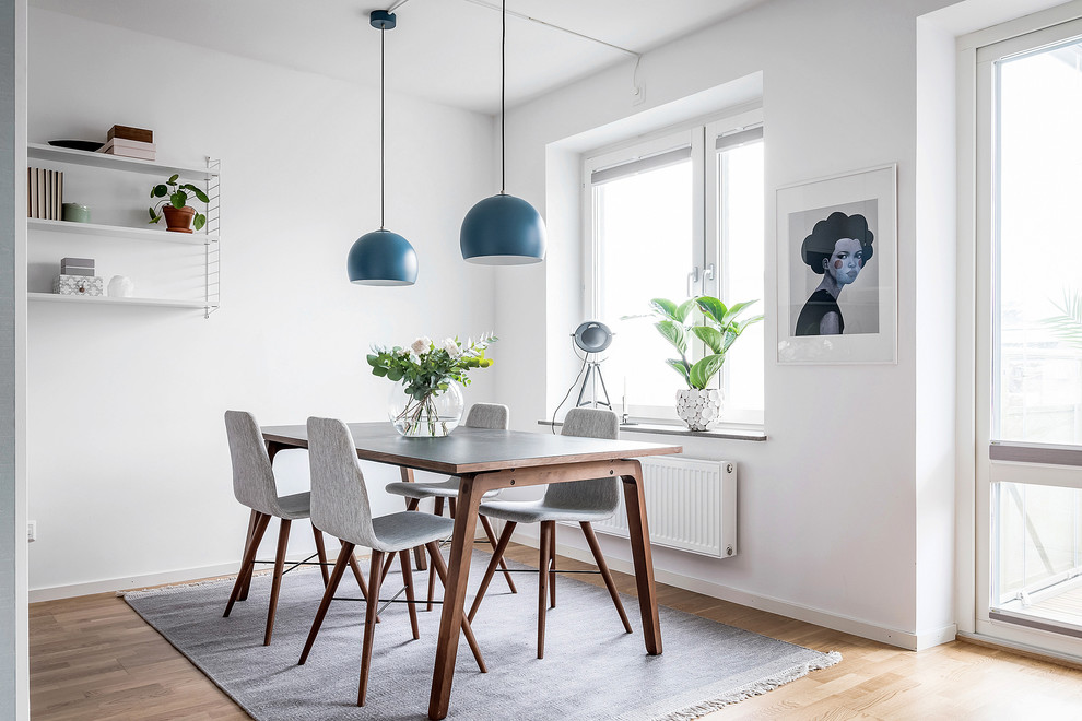 Diseño de comedor escandinavo pequeño con paredes blancas, suelo de madera en tonos medios y suelo beige
