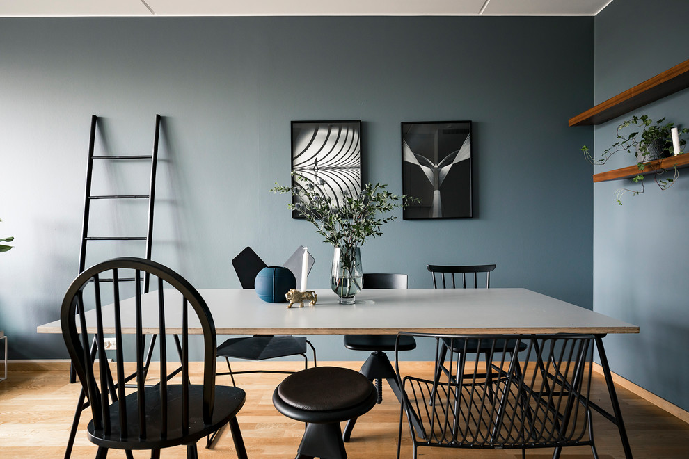 Contemporary enclosed dining room in Stockholm with blue walls, medium hardwood flooring and no fireplace.