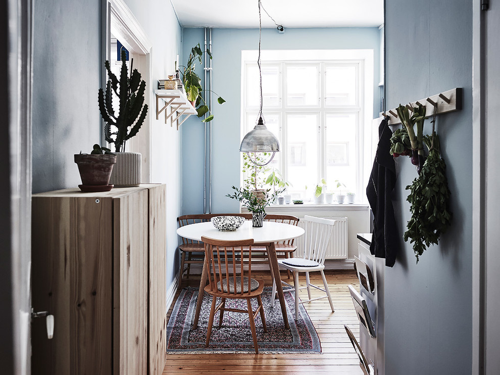 Skandinavisk inredning av ett mellanstort kök med matplats, med blå väggar, mellanmörkt trägolv och brunt golv