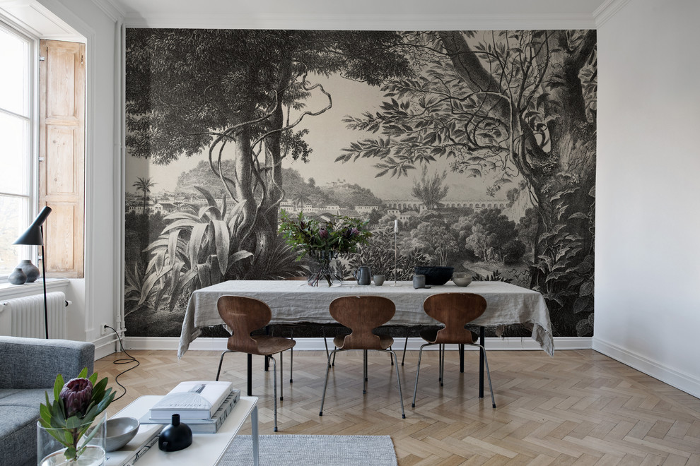 Immagine di una sala da pranzo scandinava con pareti beige