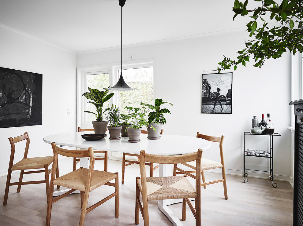 Immagine di una sala da pranzo aperta verso la cucina scandinava con pareti bianche, parquet chiaro e pavimento beige