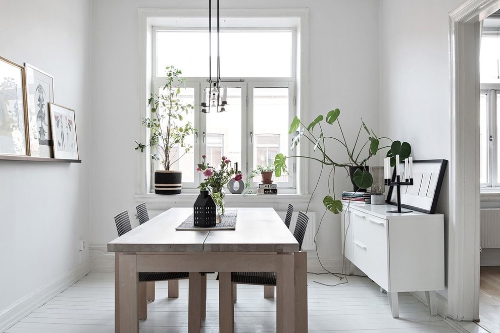 Источник вдохновения для домашнего уюта: отдельная столовая среднего размера в скандинавском стиле с белыми стенами, деревянным полом и белым полом без камина